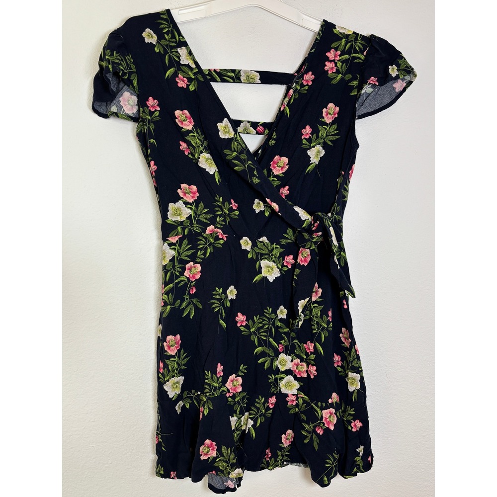 Xhilaration Floral Mini Dress Navy Blue Pink Faux Wrap V-Neck Cutout Back M
